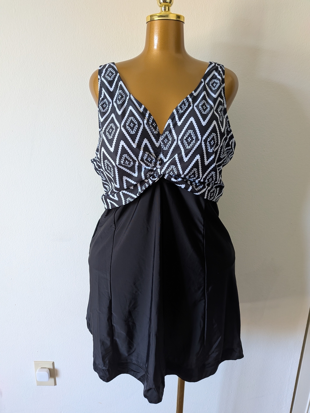 Summer Mae One-Piece Swimdress With Short, Padded Bra black&white geometric-4XL